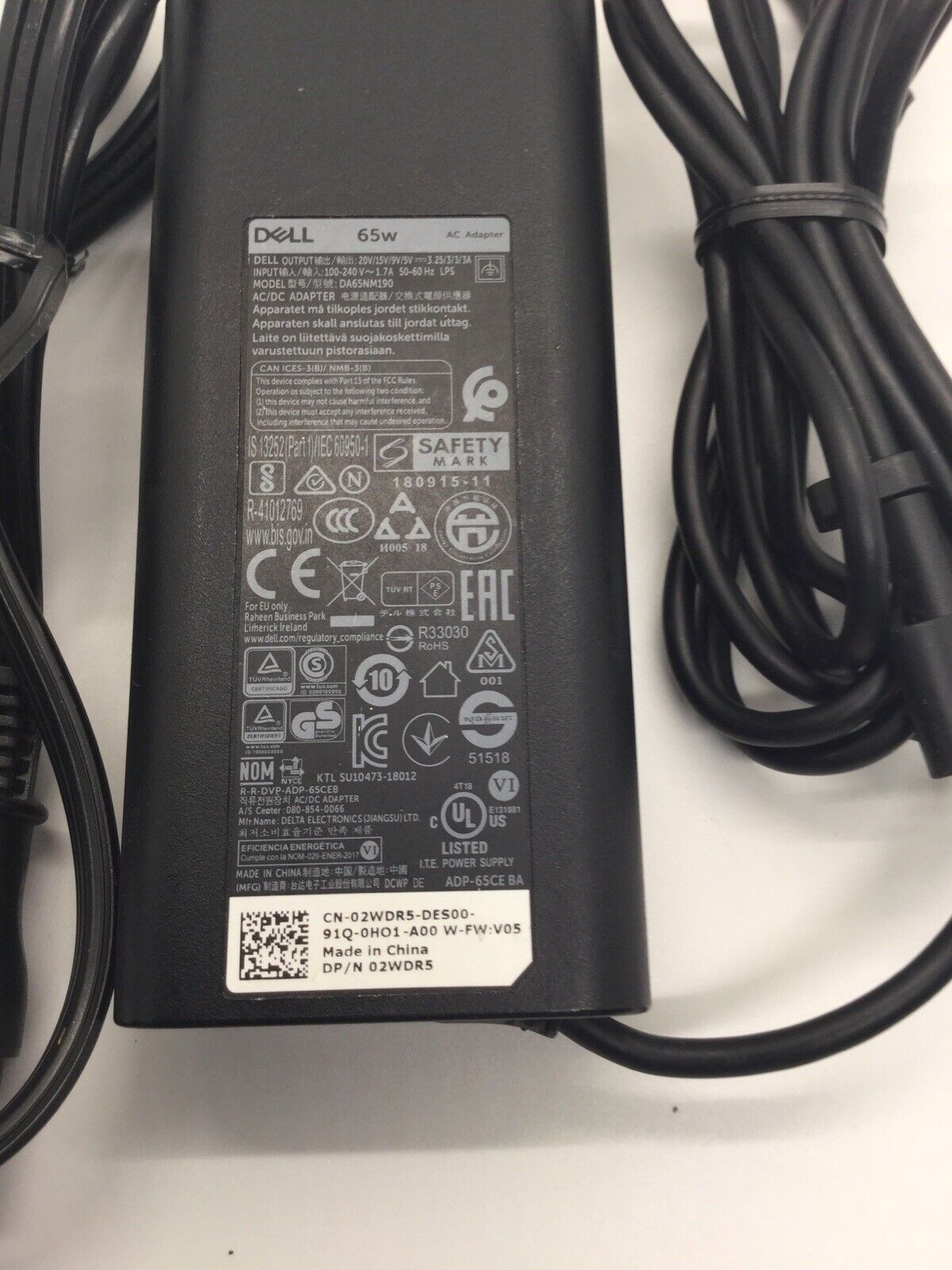 Genuine Dell 65W USB-C Chromebook 3100 AC Adapter 2WDR5 DA65NM190 Power Supply