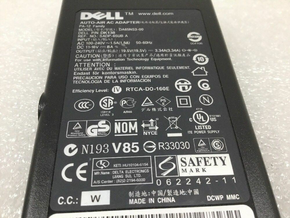 Genuine Dell 65W 19.5V 2-Prong Slim AC Power Adapter DK138 DA65NS3-00 PA-12