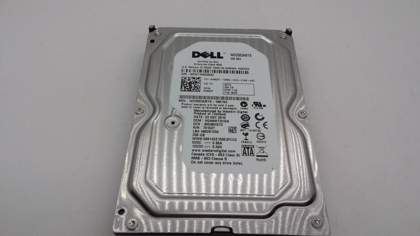 Dell 250GB Hard Drive SATA 3.5in 0H962F H962F WD2502ABYS-18B7A0 7200rpm