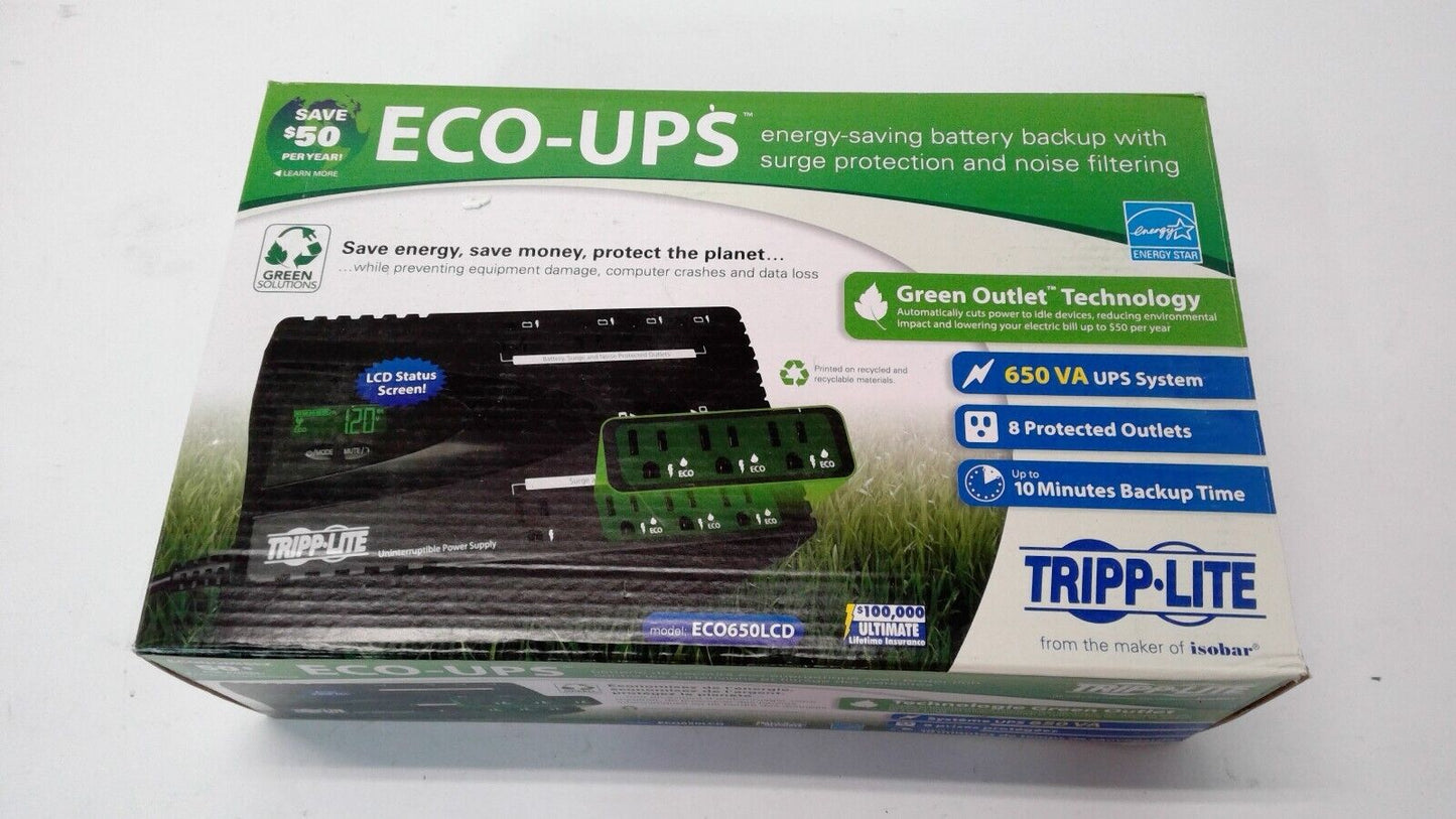 Tripp-Lite ECO650LCD battery backup surge protector noise filtering new open box