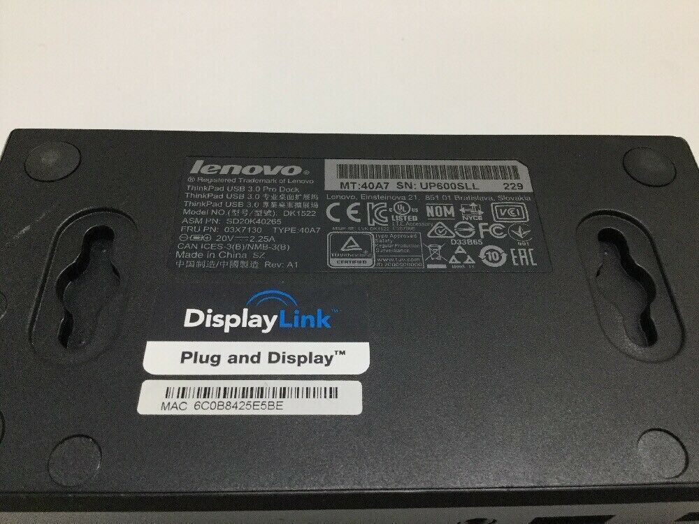 Lenovo ThinkPad USB 3.0 Pro Dock 40A7 DK1522 03X7130 DS20K40265 with AC Adapter